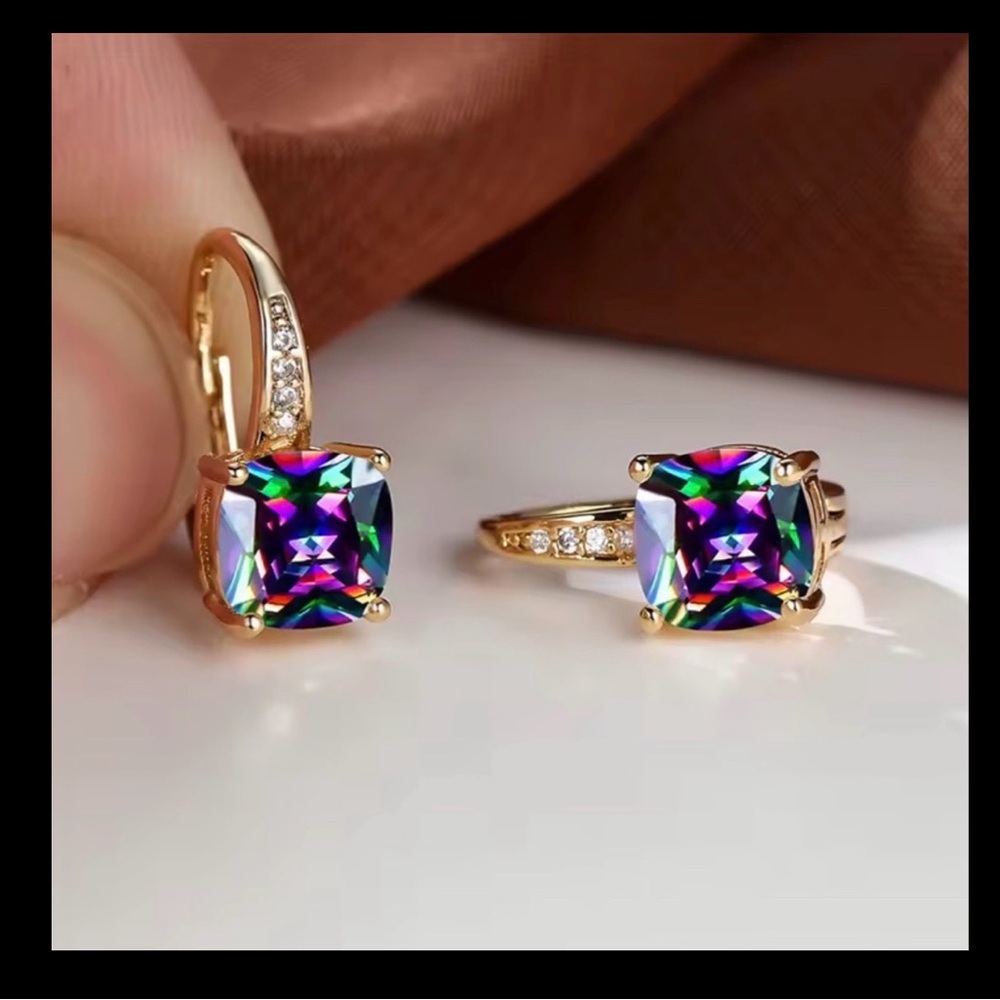 Clearance! New Rainbow Mystic Topaz Cushion Cut Drop Earrings w/ Pavé Accents - Picture 2 of 4